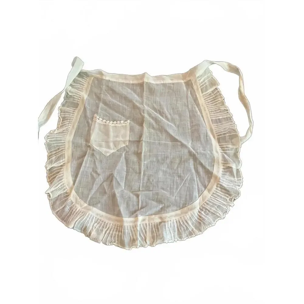 Vintage Ruffled Linen Apron with Pocket